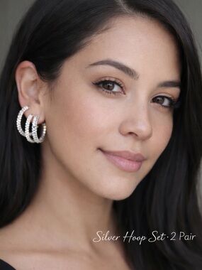 Silver Hoop Earrings Set 2 Pair Rhinestone & Textured Hoops